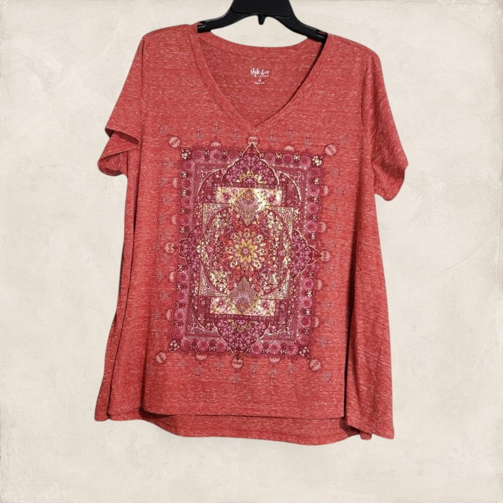 Style & Co. Boho Orange Red V-Neck Short Sleeve Graphic Tee 1X